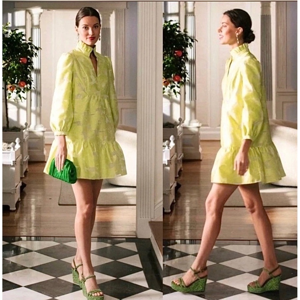 Tuckernuck Mini Dress Women XS Yellow Excellent Floral Jacquard Ruffle Chic
